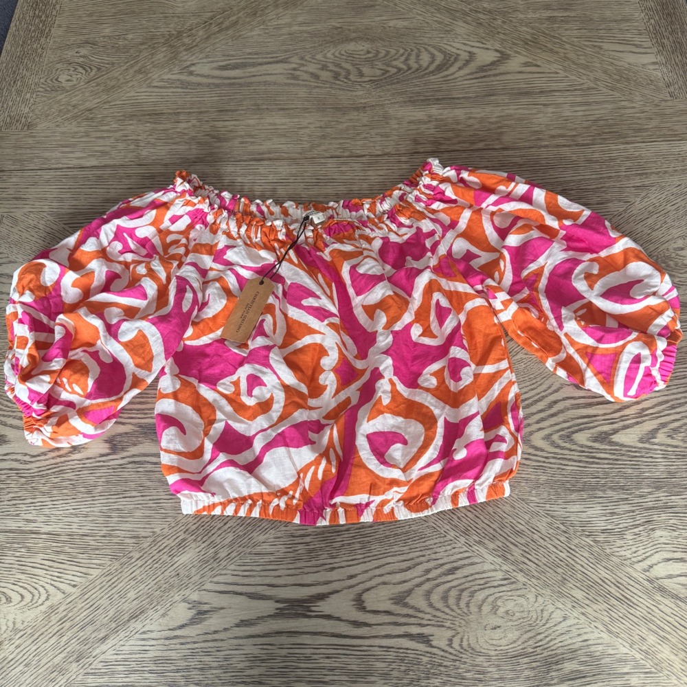 Christian Siriano Bubble Crop Top Pink Orange Resort Abstract Boho Puff Sleeve